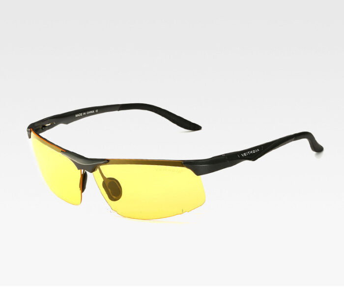 Semi-rimless black frame sunglasses with yellow night vision lenses