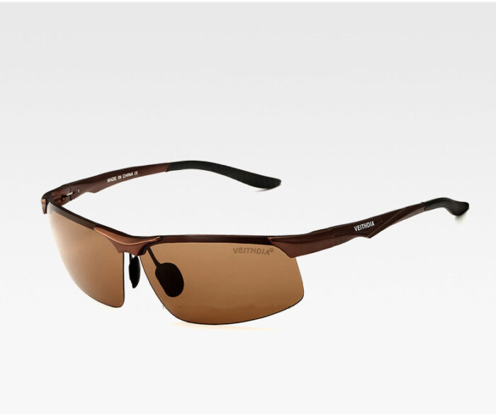 Sporty brown polarized sunglasses with half-rim frame