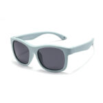 Light blue wayfarer sunglasses with soft silicone frame and dark lenses for kids