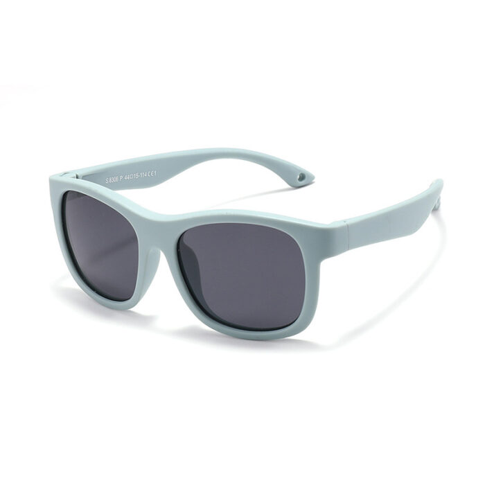 Light blue wayfarer sunglasses with soft silicone frame and dark lenses for kids
