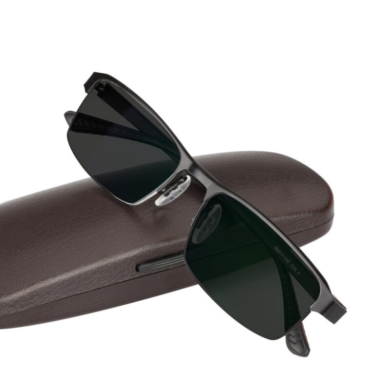 Rectangular sunglasses with black frame and dark green lenses