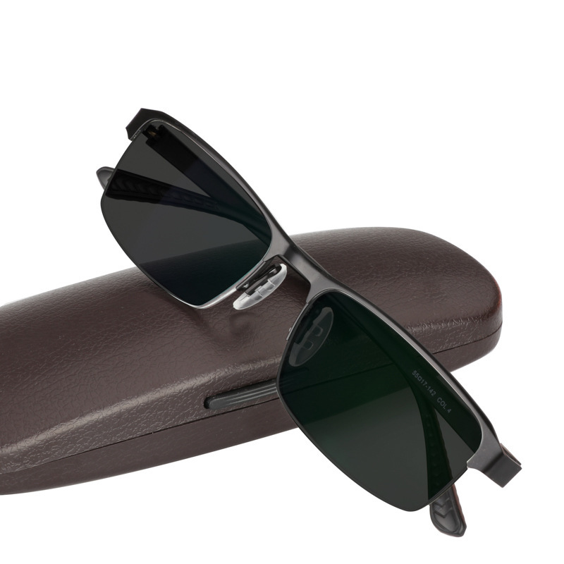 Rectangular sunglasses with black frame and dark green lenses