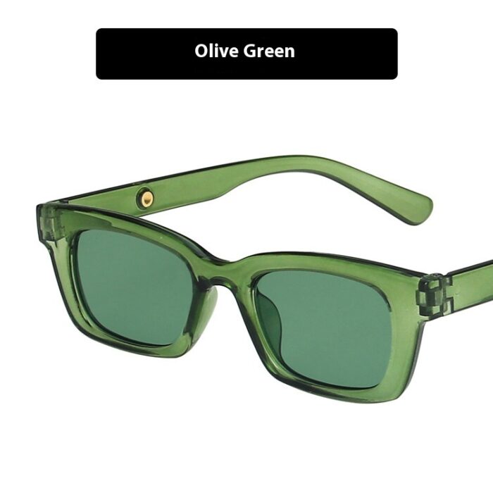 Rectangular sunglasses with olive green frame and lenses