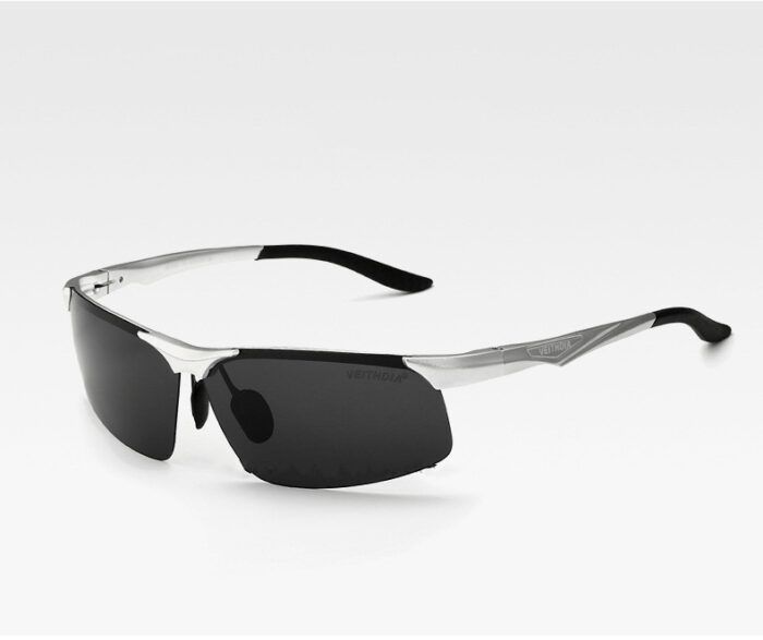 Silver frame semi-rimless polarized sunglasses with black lenses