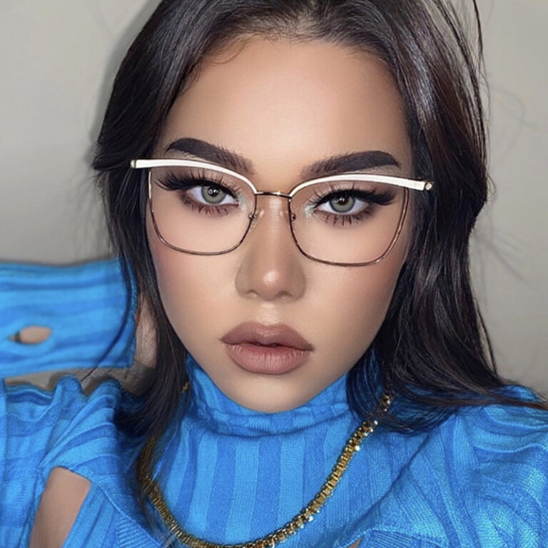 women’s eyeglasses with gold-white full rim cat eye frame